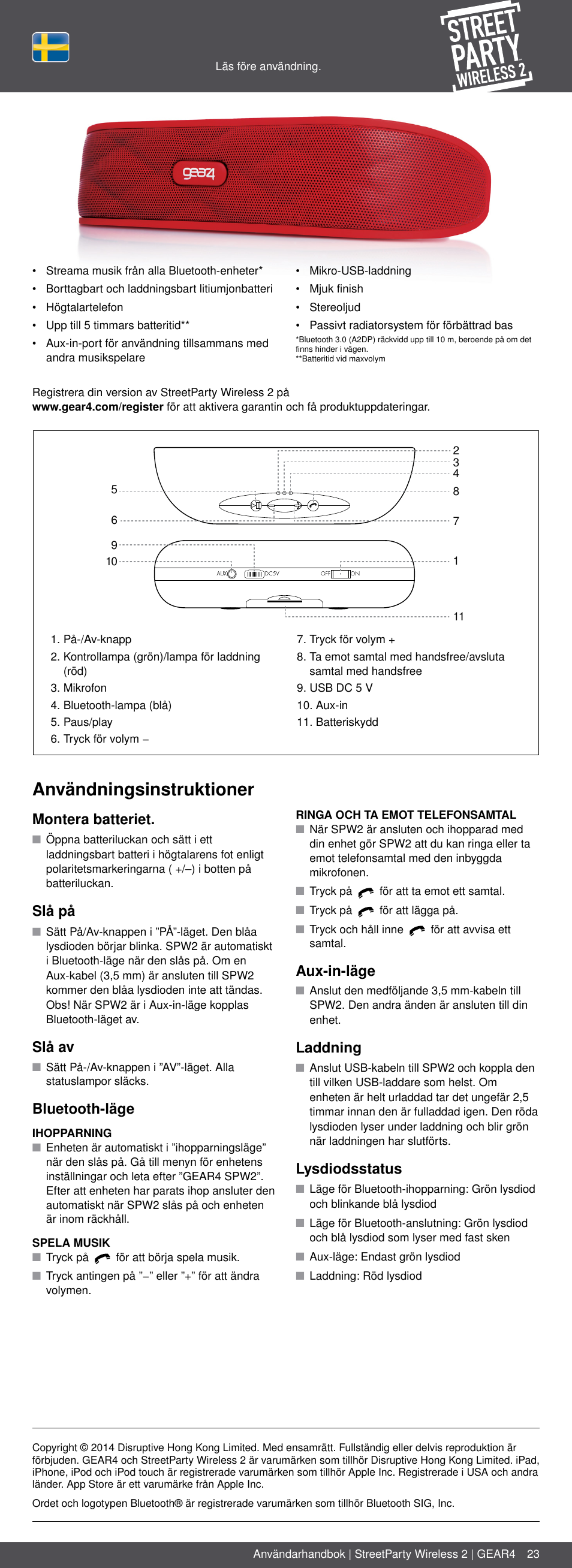 Se 23, Användningsinstruktioner, Montera batteriet | Slå på, Slå av, Bluetooth-läge, Aux-in-läge, Laddning, Lysdiodsstatus | GEAR4 StreetParty Wireless 2 User Manual | Page 23 / 46