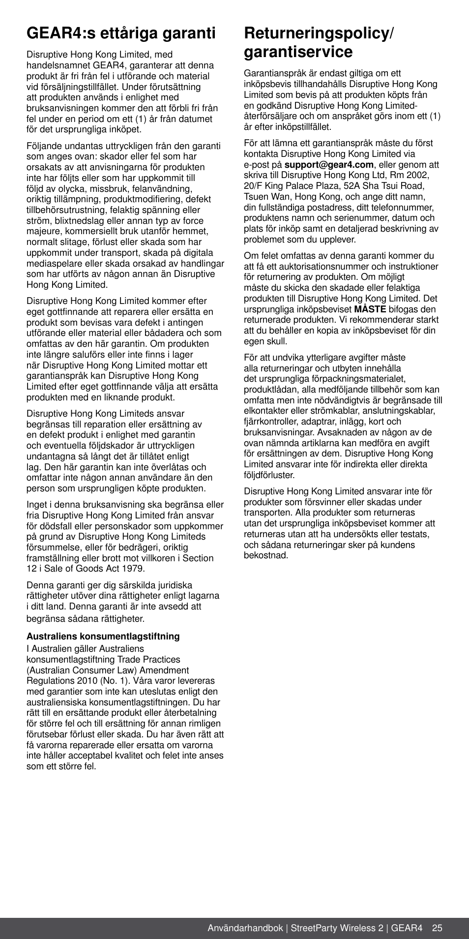 Gear4:s ettåriga garanti, Returneringspolicy/ garantiservice | GEAR4 StreetParty Wireless 2 User Manual | Page 25 / 46