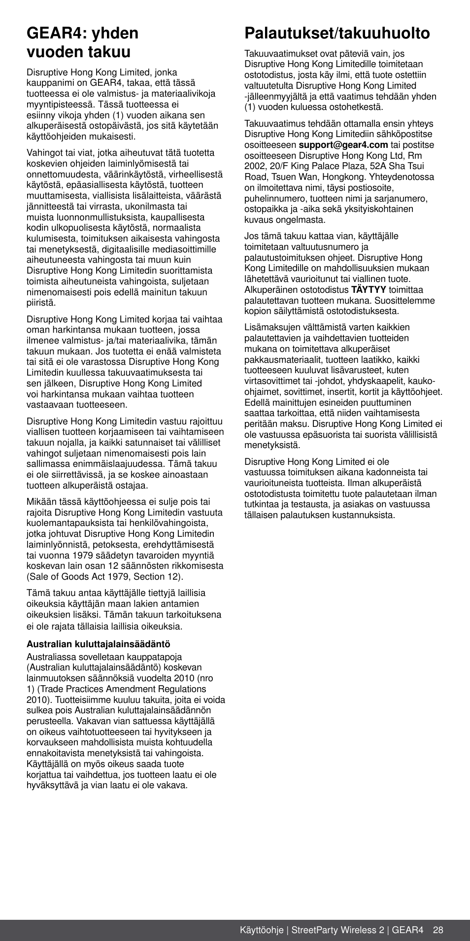Gear4: yhden vuoden takuu, Palautukset/takuuhuolto | GEAR4 StreetParty Wireless 2 User Manual | Page 28 / 46