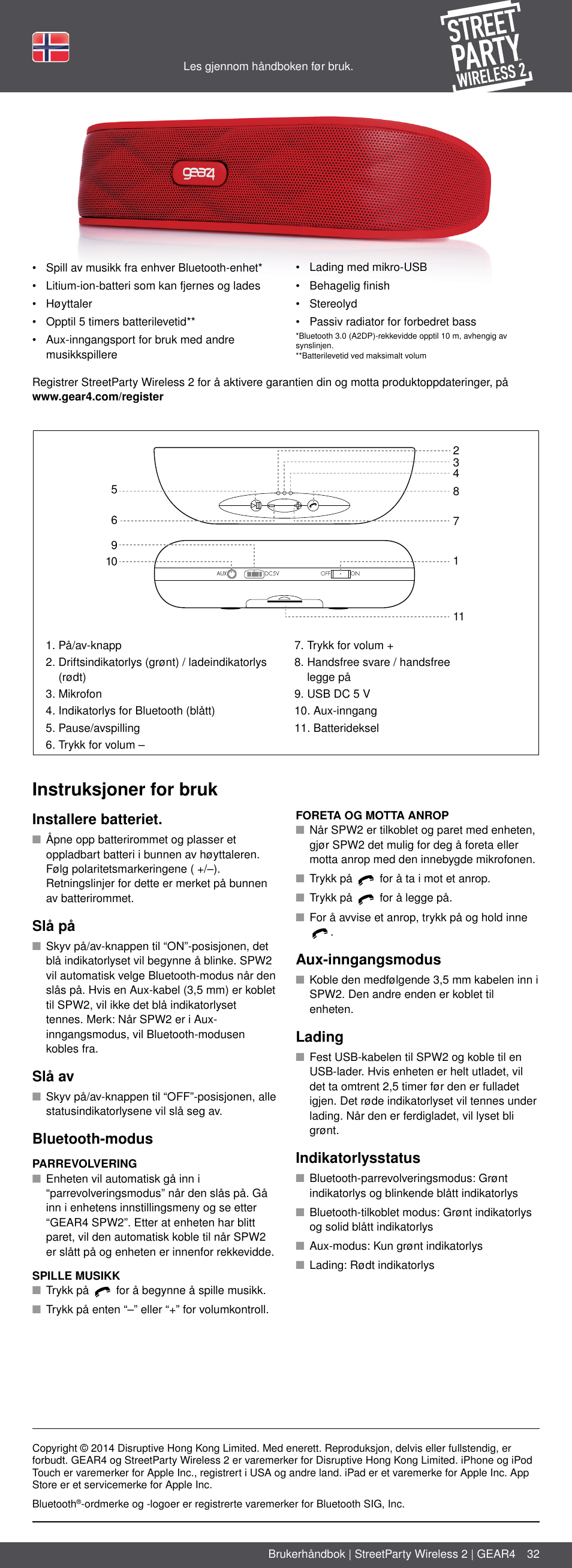 No 32, Instruksjoner for bruk, Installere batteriet | Slå på, Slå av, Bluetooth-modus, Aux-inngangsmodus, Lading, Indikatorlysstatus | GEAR4 StreetParty Wireless 2 User Manual | Page 32 / 46