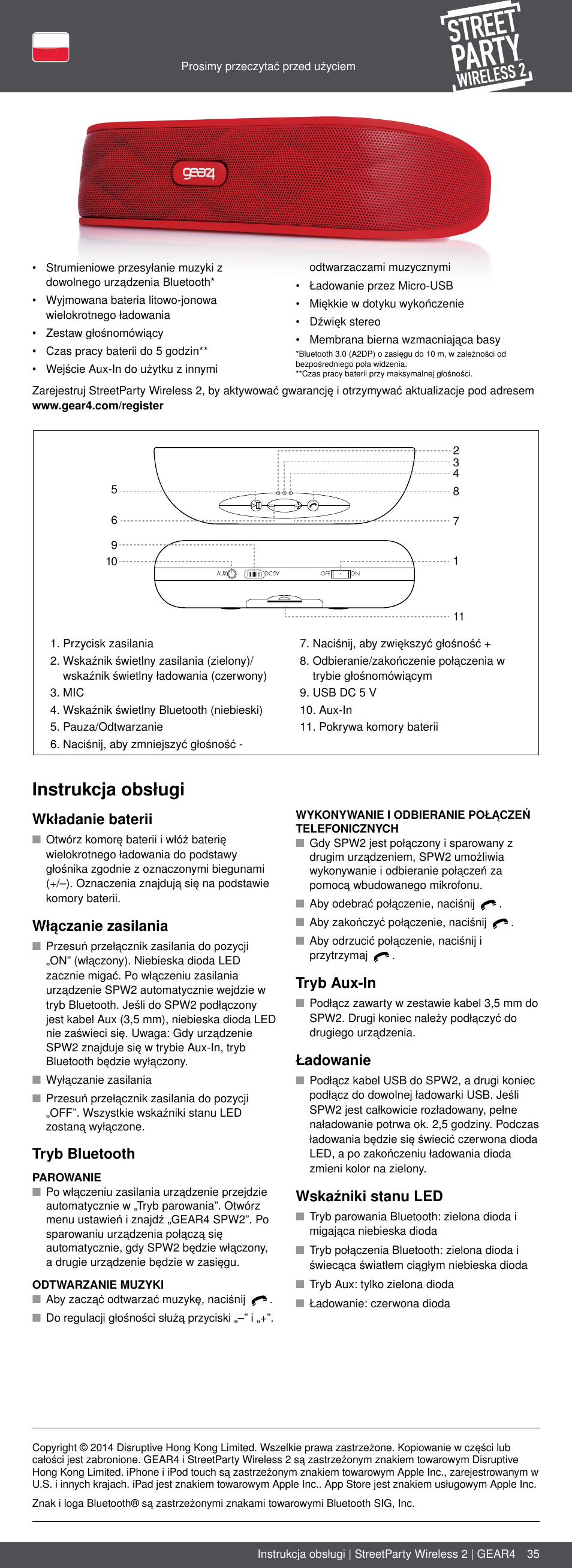 Pl 35, Instrukcja obsługi, Wkładanie baterii | Włączanie zasilania, Tryb bluetooth, Tryb aux-in, Ładowanie, Wskaźniki stanu led | GEAR4 StreetParty Wireless 2 User Manual | Page 35 / 46