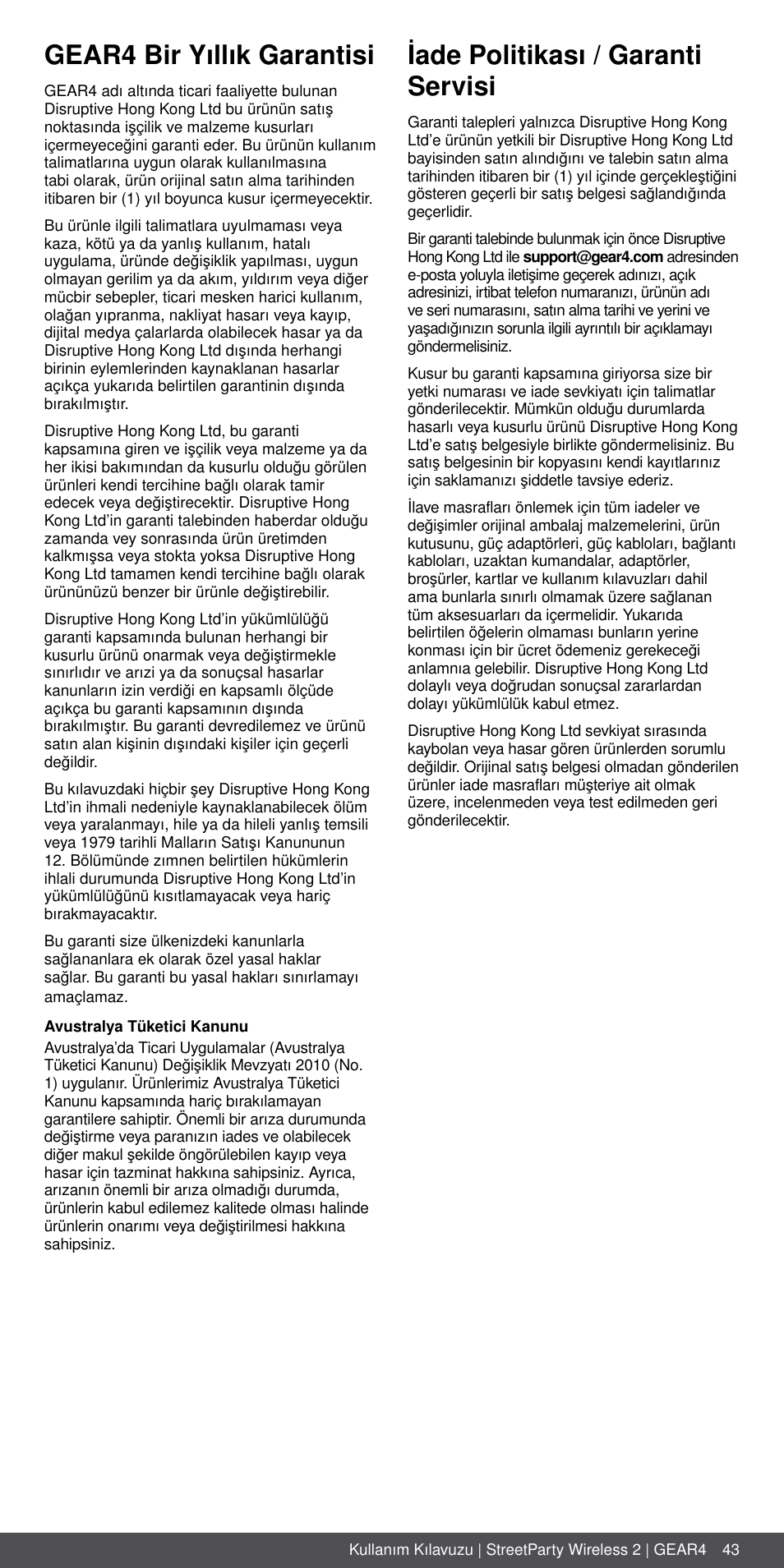 Gear4 bir yıllık garantisi, Iade politikası / garanti servisi | GEAR4 StreetParty Wireless 2 User Manual | Page 43 / 46