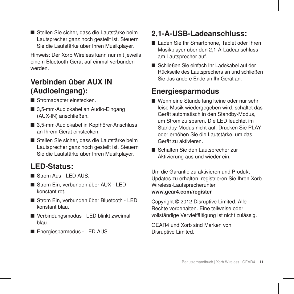 Verbinden über aux in (audioeingang), Led-status, 2,1-a-usb-ladeanschluss | Energiesparmodus | GEAR4 Xorb Wireless User Manual | Page 12 / 50