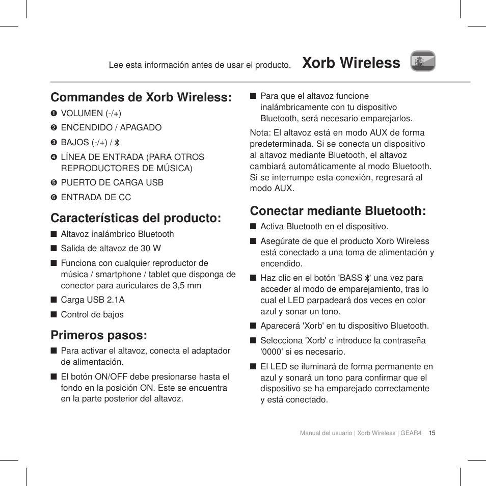 Xorb wireless, Commandes de xorb wireless, Características del producto | Primeros pasos, Conectar mediante bluetooth | GEAR4 Xorb Wireless User Manual | Page 16 / 50