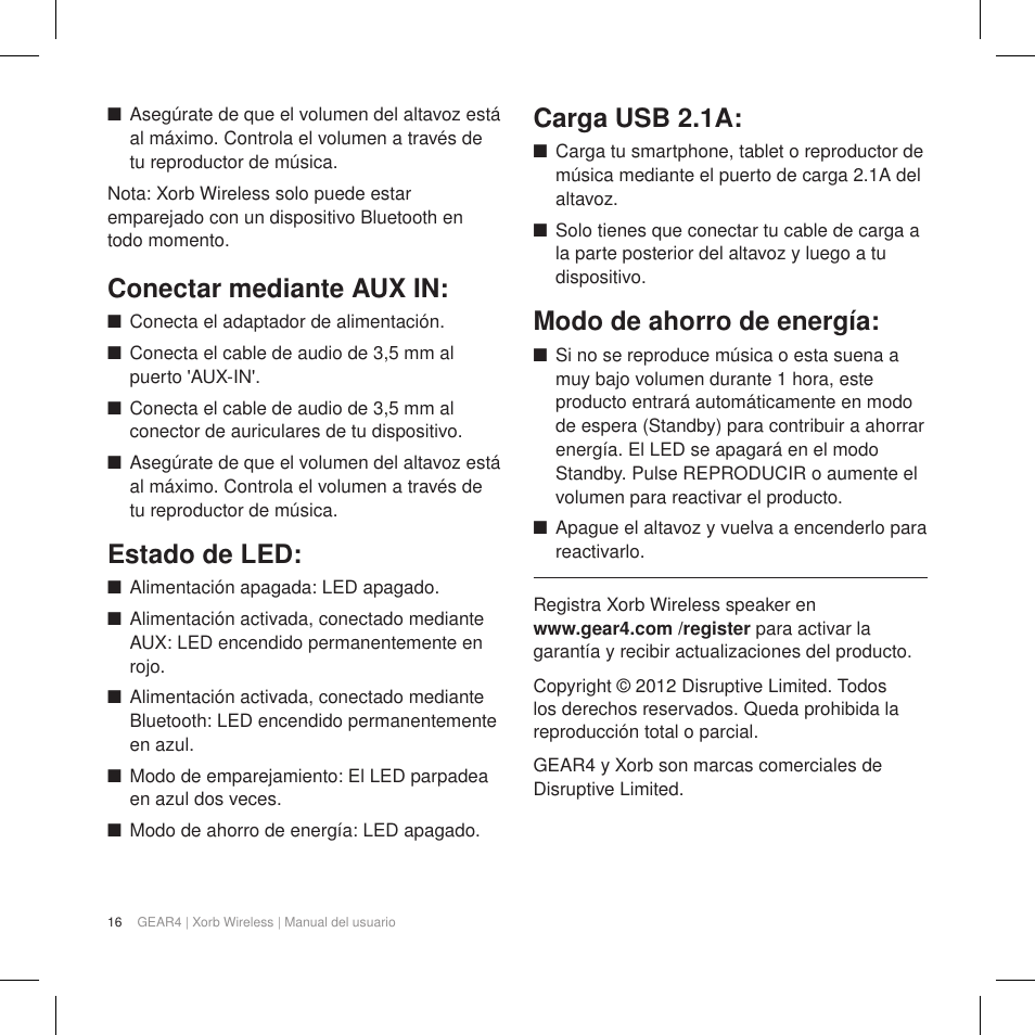 Conectar mediante aux in, Estado de led, Carga usb 2.1a | Modo de ahorro de energía | GEAR4 Xorb Wireless User Manual | Page 17 / 50