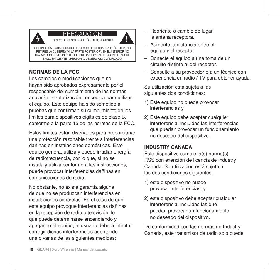 Precaución | GEAR4 Xorb Wireless User Manual | Page 19 / 50