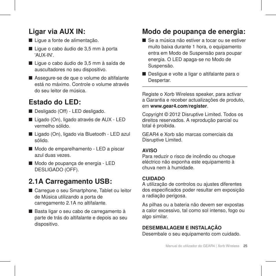 Ligar via aux in, Estado do led, 1a carregamento usb | Modo de poupança de energia | GEAR4 Xorb Wireless User Manual | Page 26 / 50
