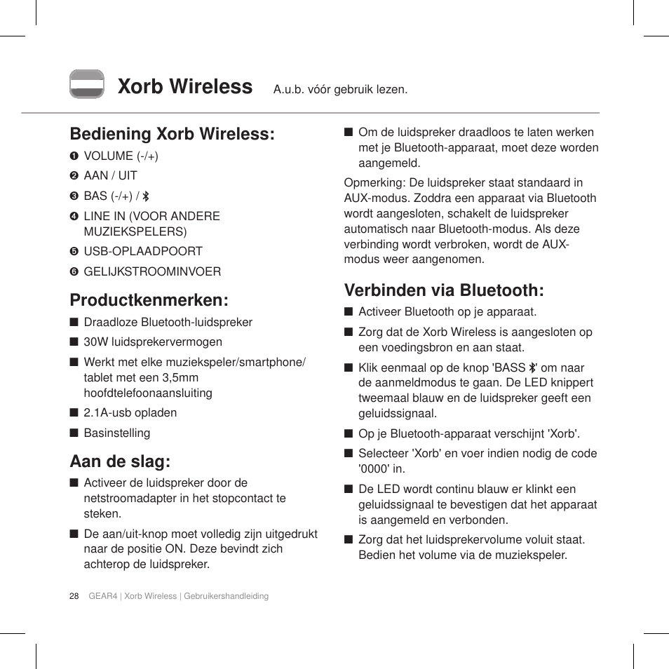 Xorb wireless, Bediening xorb wireless, Productkenmerken | Aan de slag, Verbinden via bluetooth | GEAR4 Xorb Wireless User Manual | Page 29 / 50