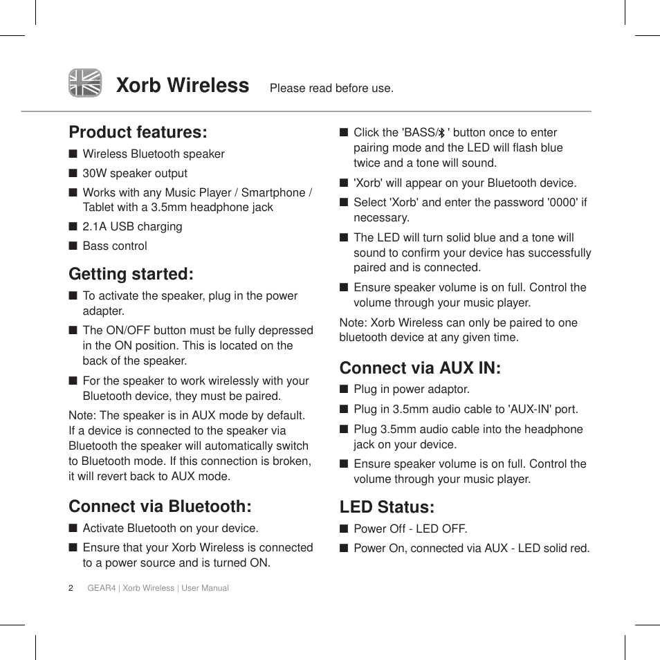 Xorb wireless, Product features, Getting started | Connect via bluetooth, Connect via aux in, Led status | GEAR4 Xorb Wireless User Manual | Page 3 / 50