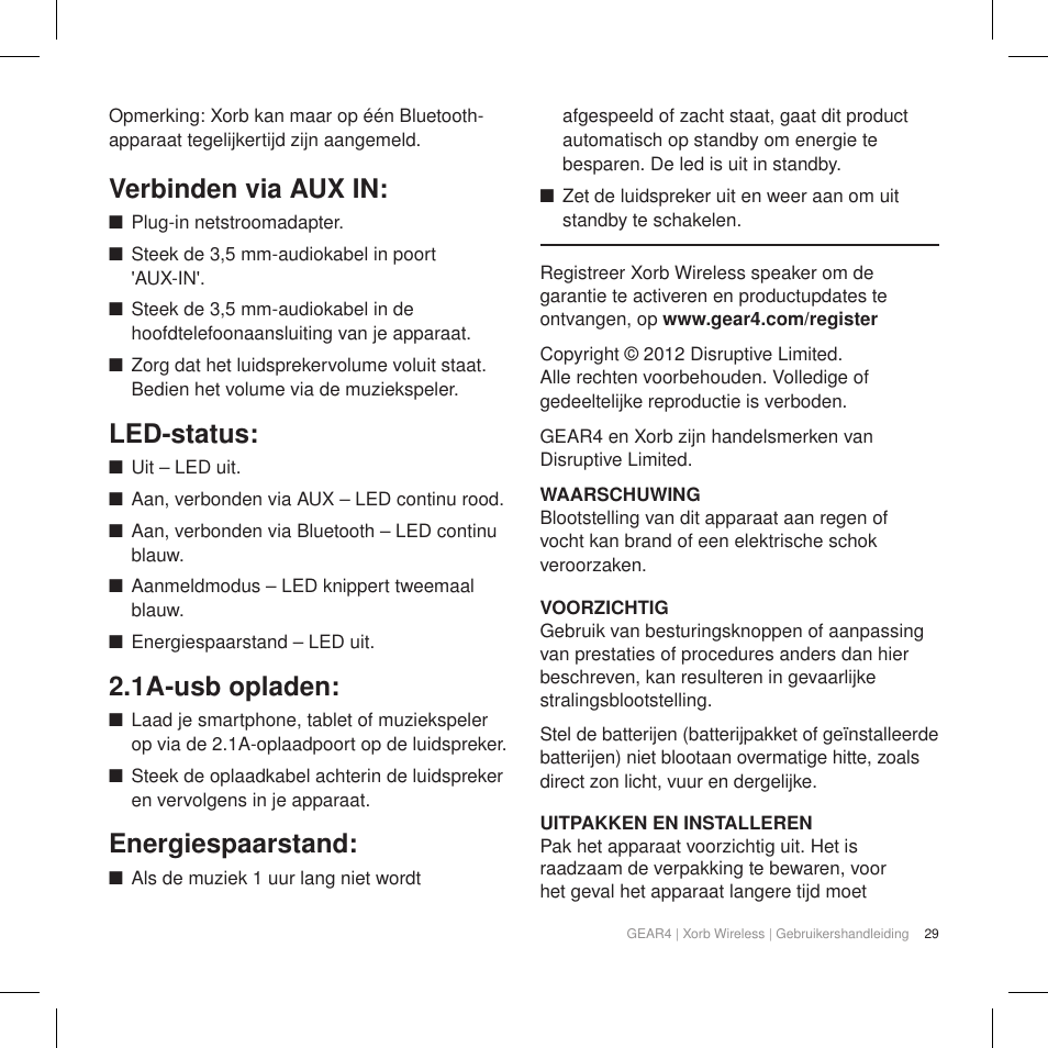 Verbinden via aux in, Led-status, 1a-usb opladen | Energiespaarstand | GEAR4 Xorb Wireless User Manual | Page 30 / 50