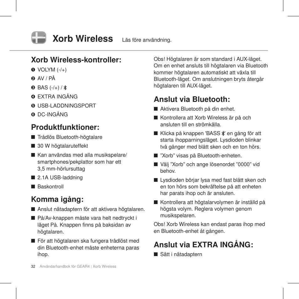 Xorb wireless, Xorb wireless-kontroller, Produktfunktioner | Komma igång, Anslut via bluetooth, Anslut via extra ingång | GEAR4 Xorb Wireless User Manual | Page 33 / 50