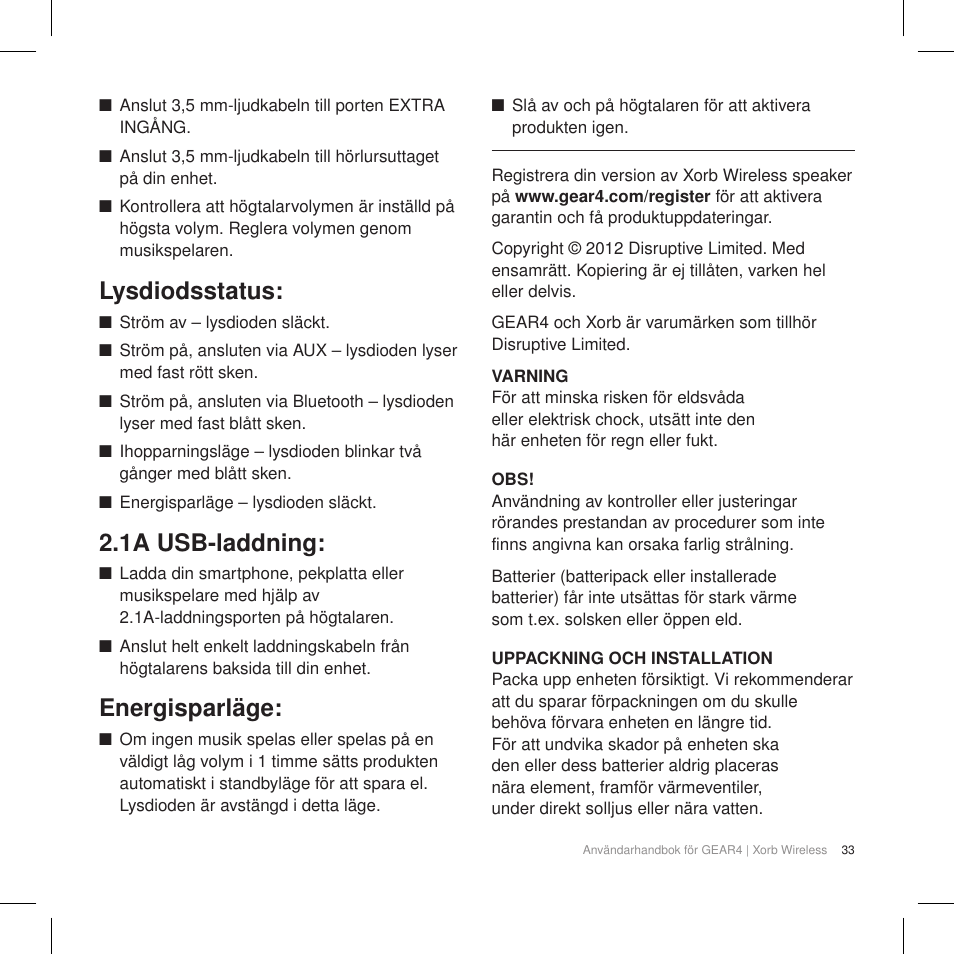 Lysdiodsstatus, 1a usb-laddning, Energisparläge | GEAR4 Xorb Wireless User Manual | Page 34 / 50