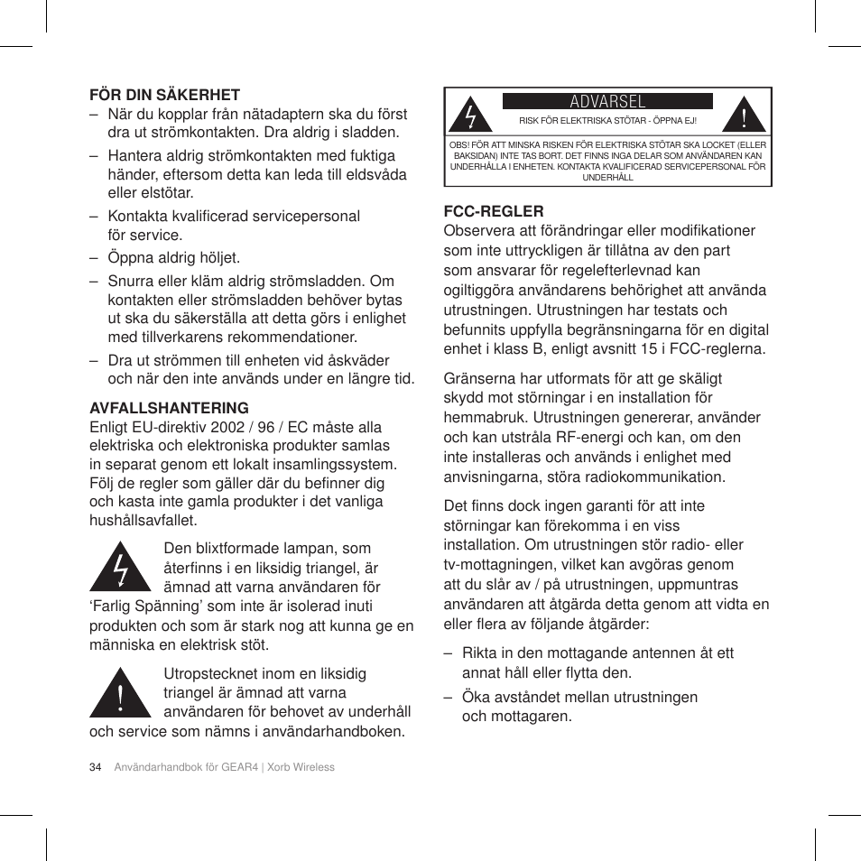 Advarsel | GEAR4 Xorb Wireless User Manual | Page 35 / 50