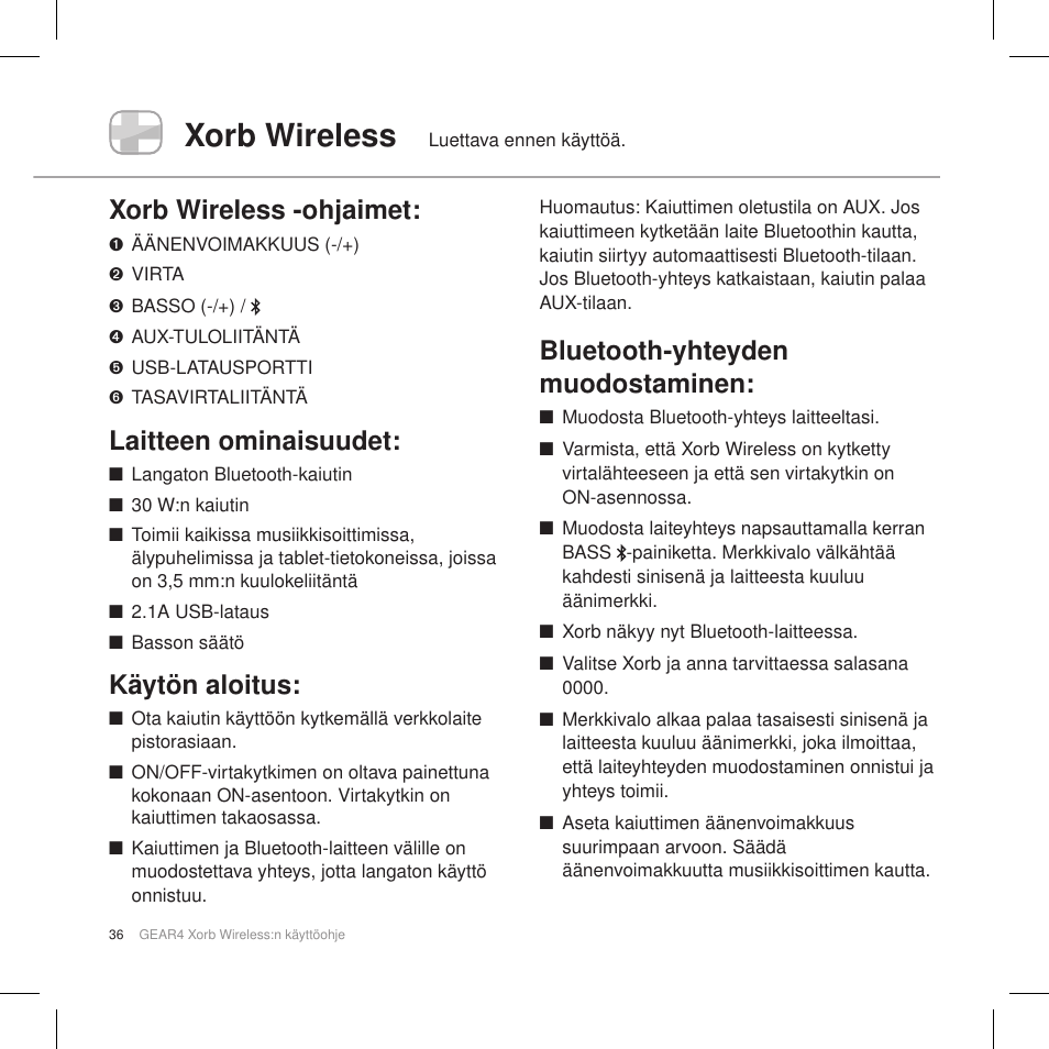 Xorb wireless, Xorb wireless -ohjaimet, Laitteen ominaisuudet | Käytön aloitus, Bluetooth-yhteyden muodostaminen | GEAR4 Xorb Wireless User Manual | Page 37 / 50