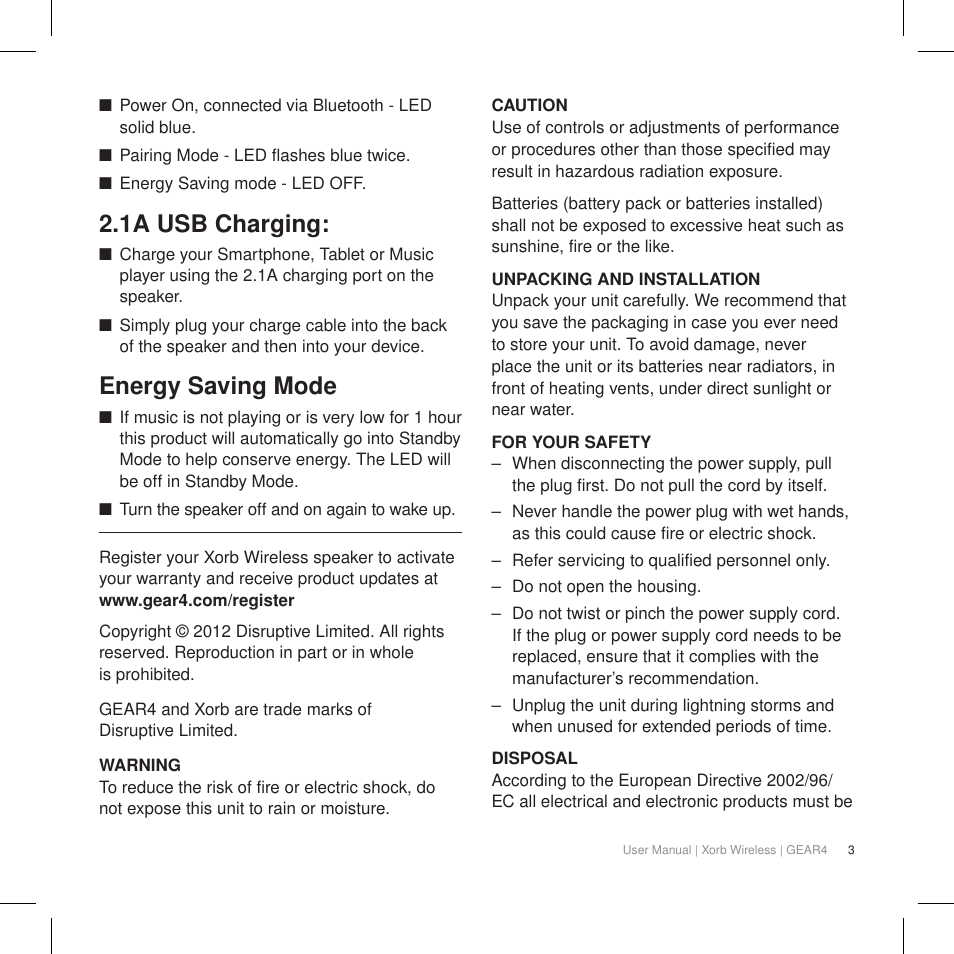 1a usb charging, Energy saving mode | GEAR4 Xorb Wireless User Manual | Page 4 / 50