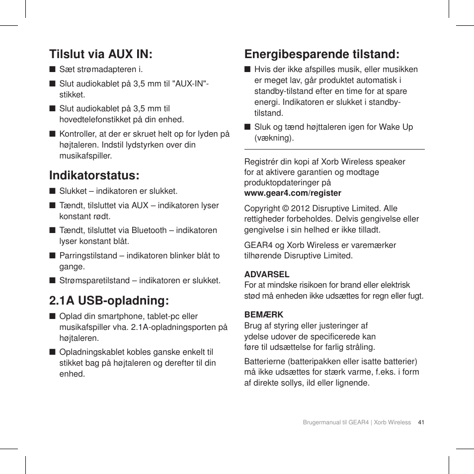 Tilslut via aux in, Indikatorstatus, 1a usb-opladning | Energibesparende tilstand | GEAR4 Xorb Wireless User Manual | Page 42 / 50