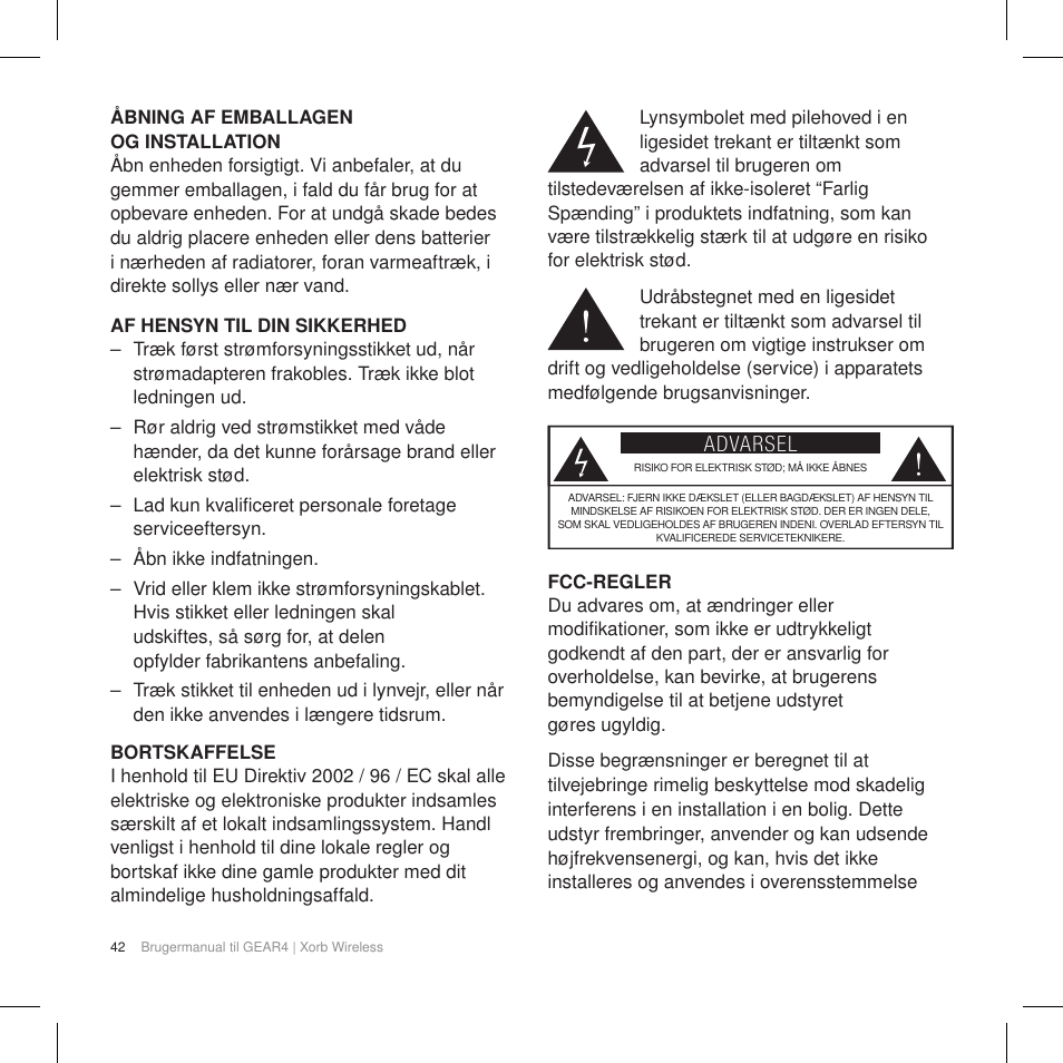 Advarsel | GEAR4 Xorb Wireless User Manual | Page 43 / 50