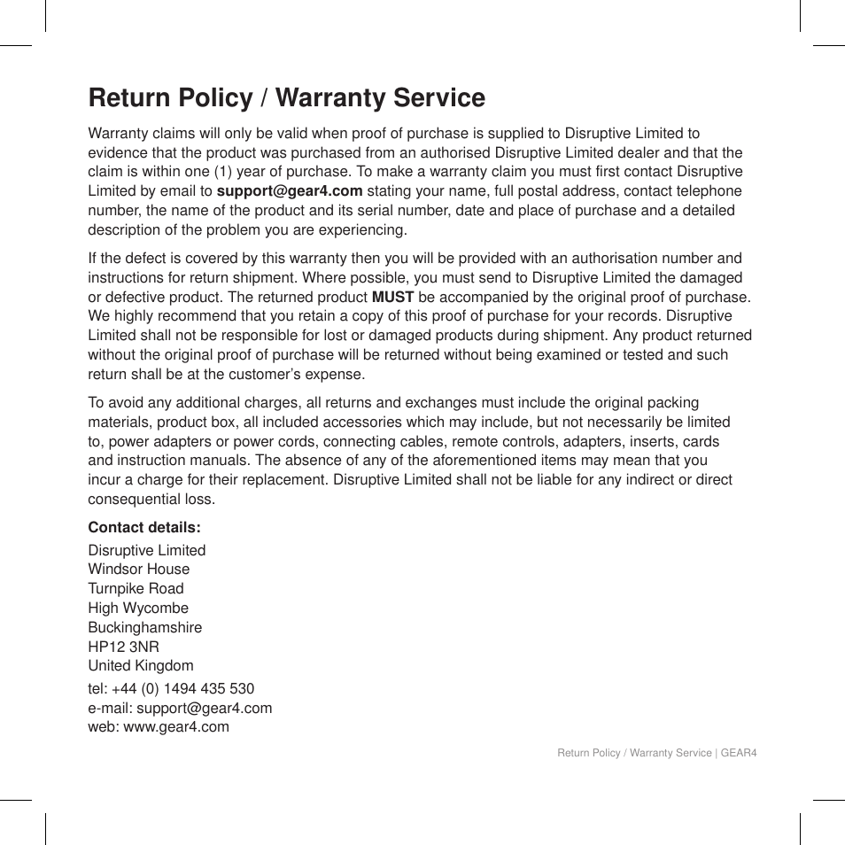 Return policy / warranty service | GEAR4 Xorb Wireless User Manual | Page 46 / 50