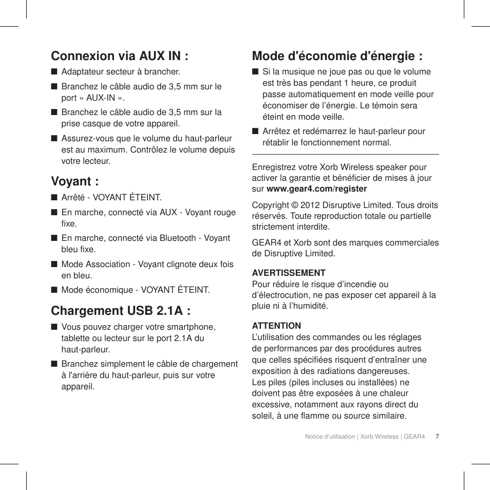 Connexion via aux in, Voyant, Chargement usb 2.1a | Mode d'économie d'énergie | GEAR4 Xorb Wireless User Manual | Page 8 / 50