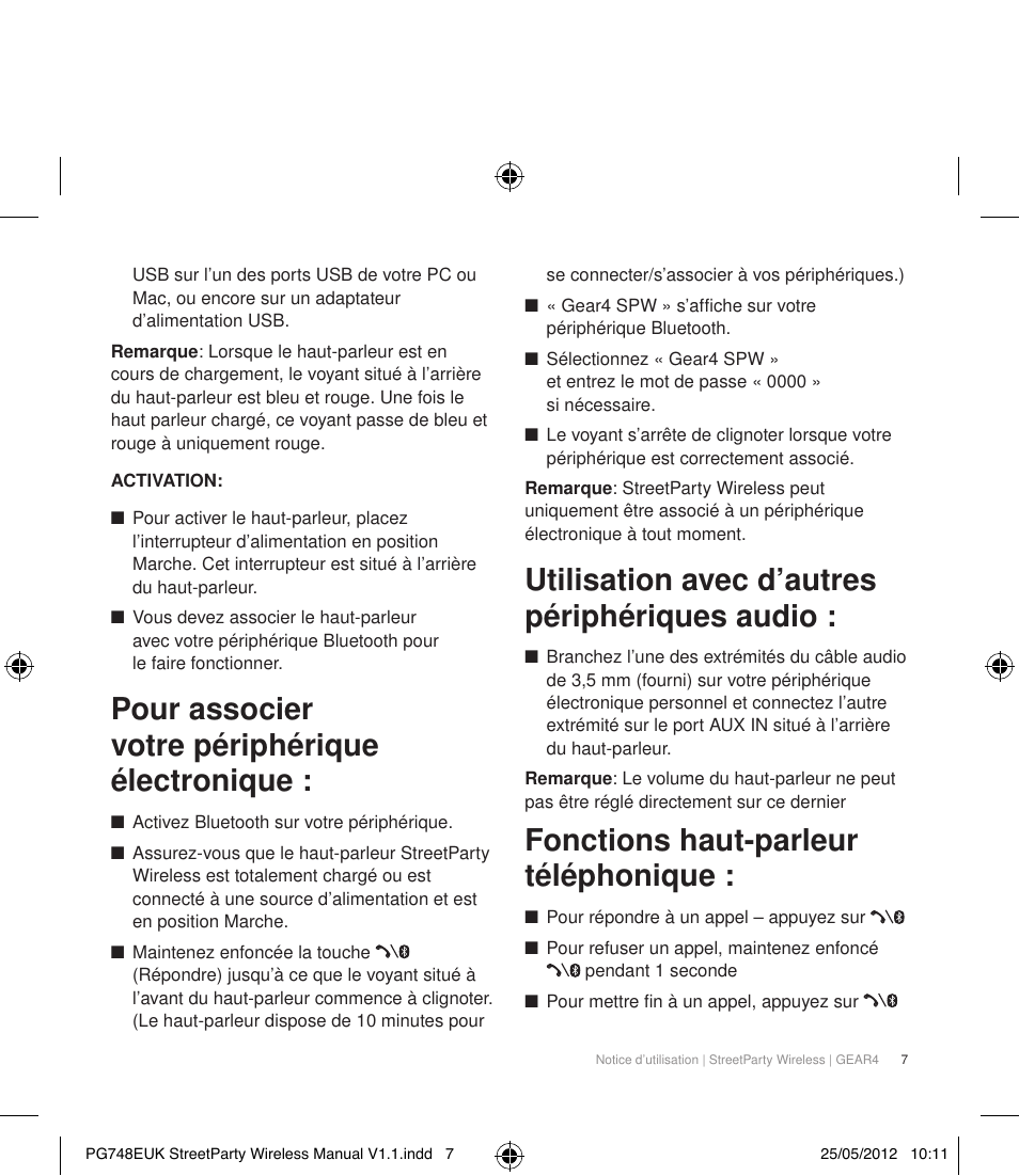 Pour associer votre périphérique électronique, Utilisation avec d’autres périphériques audio, Fonctions haut-parleur téléphonique | GEAR4 StreetParty Wireless User Manual | Page 10 / 56