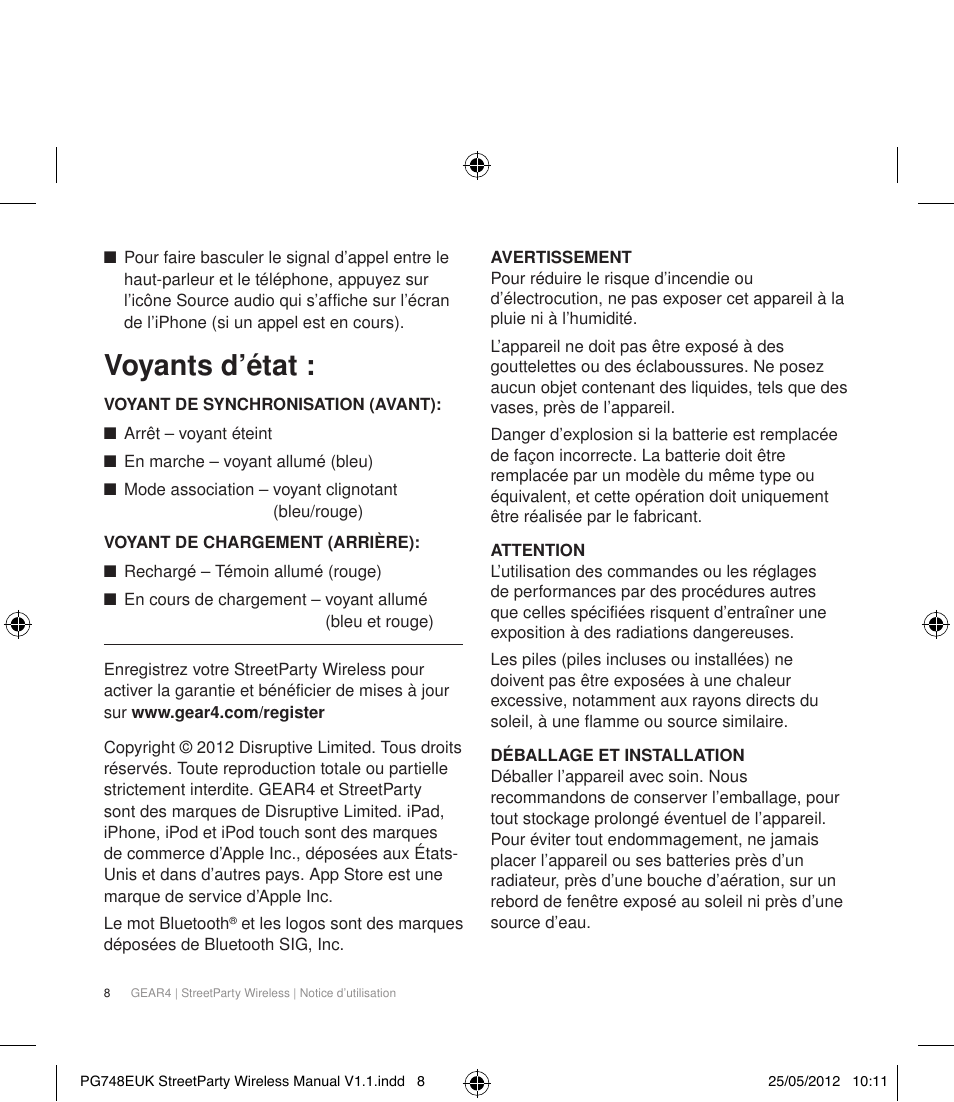 Voyants d’état | GEAR4 StreetParty Wireless User Manual | Page 11 / 56