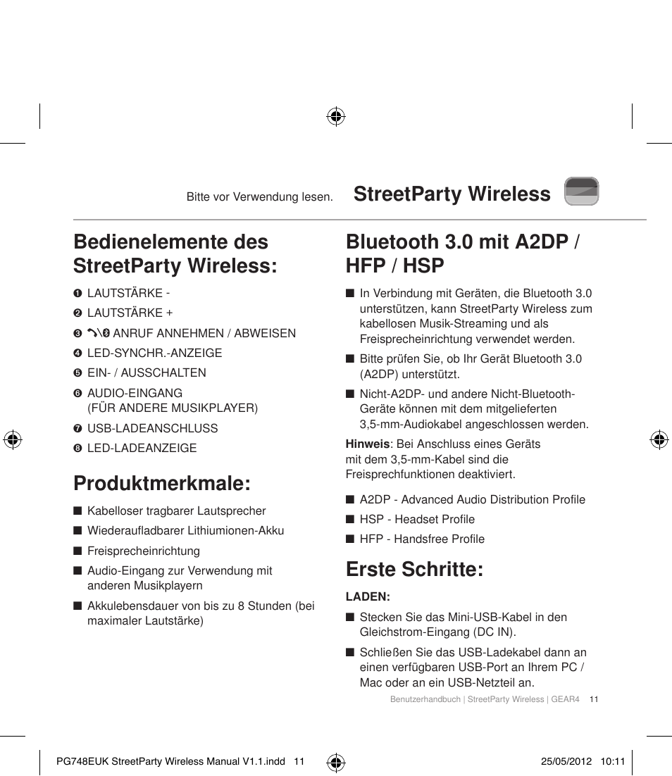 Produktmerkmale, Bluetooth 3.0 mit a2dp / hfp / hsp, Erste schritte | GEAR4 StreetParty Wireless User Manual | Page 14 / 56