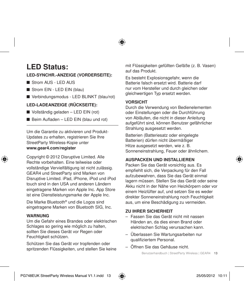 Led status | GEAR4 StreetParty Wireless User Manual | Page 16 / 56