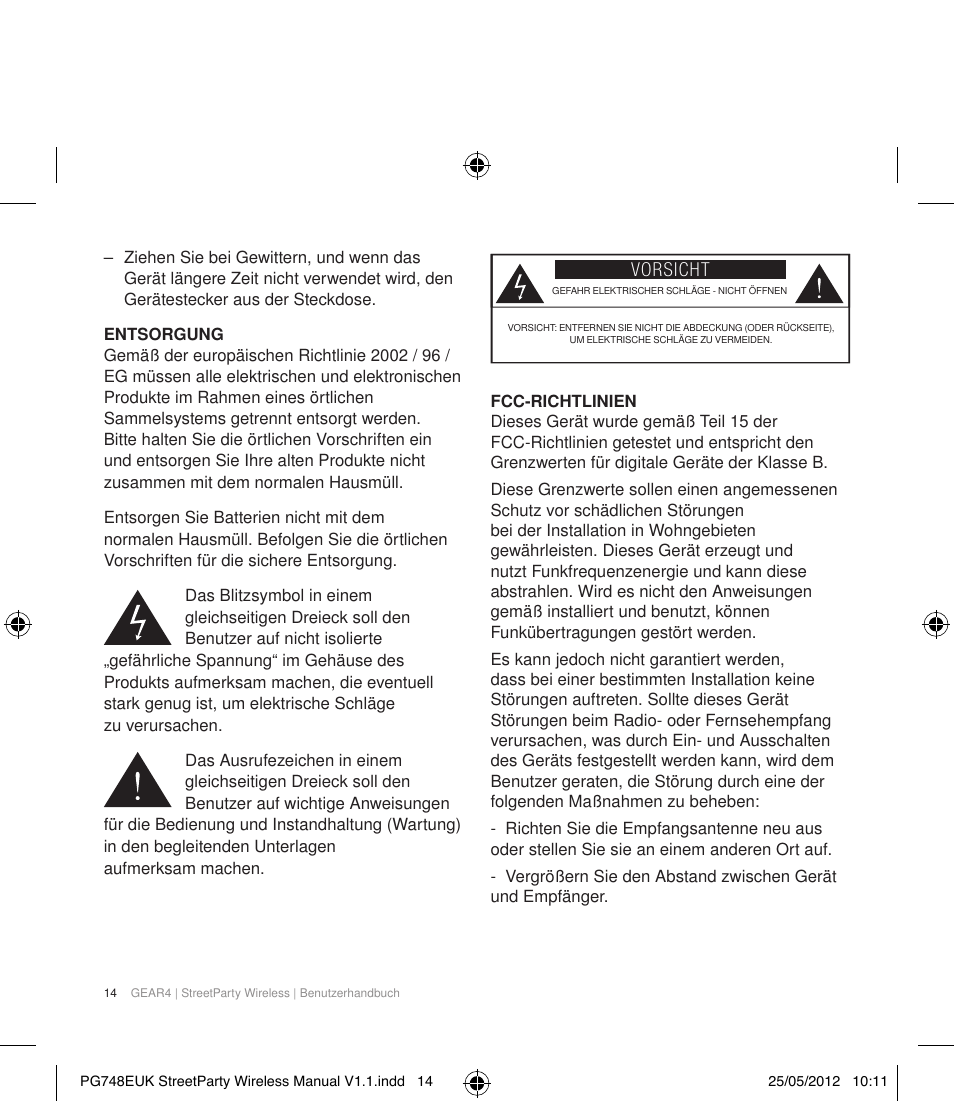 Vorsicht | GEAR4 StreetParty Wireless User Manual | Page 17 / 56