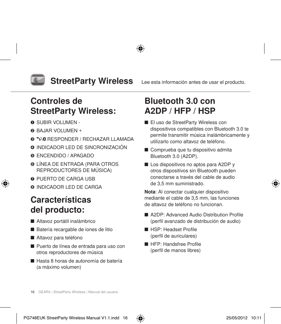 Streetparty wireless, Controles de streetparty wireless, Características del producto | Bluetooth 3.0 con a2dp / hfp / hsp | GEAR4 StreetParty Wireless User Manual | Page 19 / 56