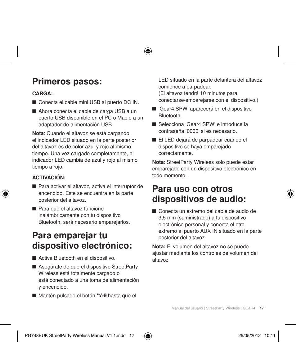 Primeros pasos, Para emparejar tu dispositivo electrónico, Para uso con otros dispositivos de audio | GEAR4 StreetParty Wireless User Manual | Page 20 / 56