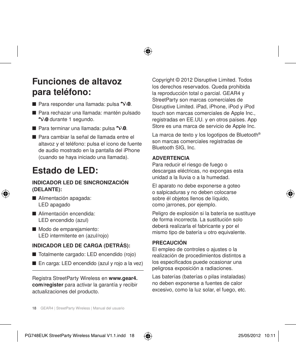 Funciones de altavoz para teléfono, Estado de led | GEAR4 StreetParty Wireless User Manual | Page 21 / 56