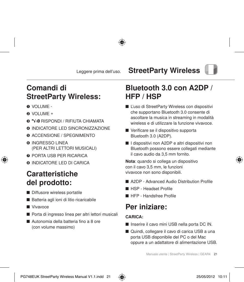 Caratteristiche del prodotto, Bluetooth 3.0 con a2dp / hfp / hsp, Per iniziare | GEAR4 StreetParty Wireless User Manual | Page 24 / 56