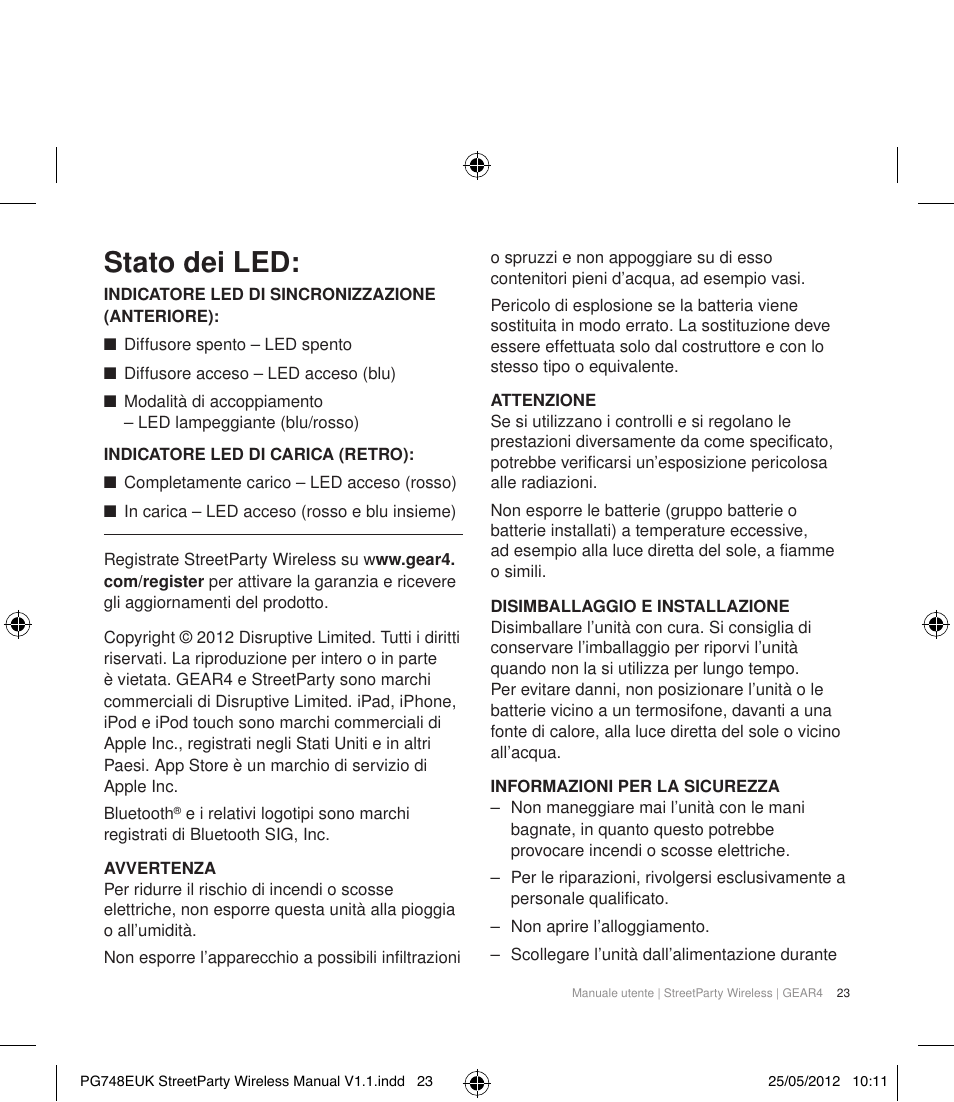 Stato dei led | GEAR4 StreetParty Wireless User Manual | Page 26 / 56