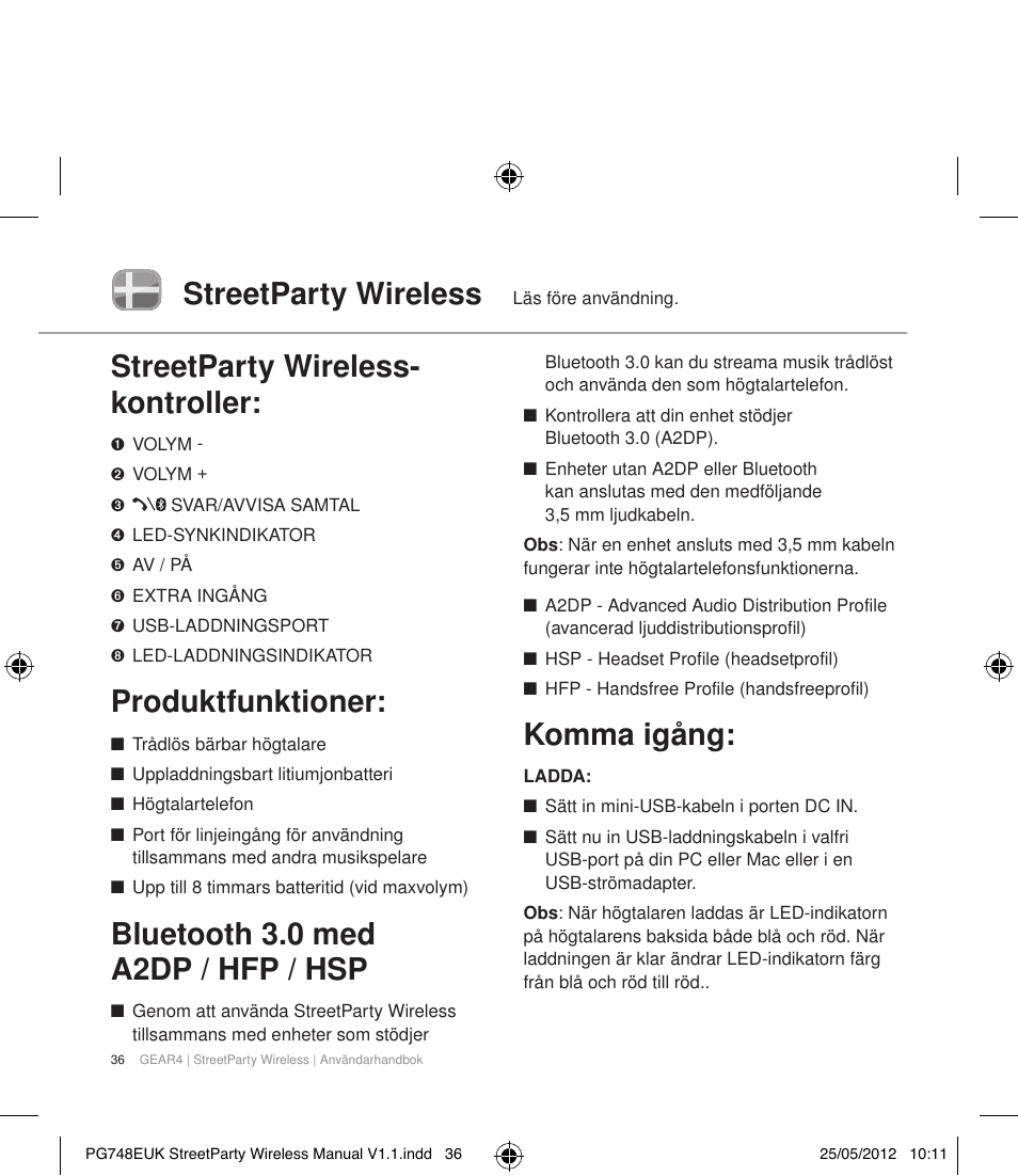 Streetparty wireless, Streetparty wireless- kontroller, Produktfunktioner | Bluetooth 3.0 med a2dp / hfp / hsp, Komma igång | GEAR4 StreetParty Wireless User Manual | Page 39 / 56