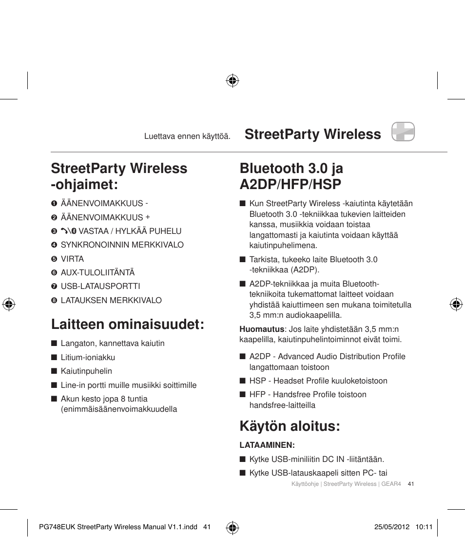 Streetparty wireless, Streetparty wireless -ohjaimet, Laitteen ominaisuudet | Bluetooth 3.0 ja a2dp/hfp/hsp, Käytön aloitus | GEAR4 StreetParty Wireless User Manual | Page 44 / 56