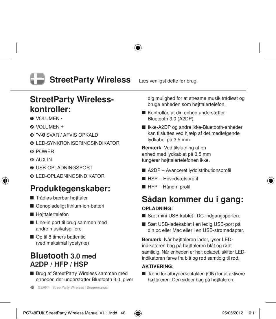 Streetparty wireless, Streetparty wireless- kontroller, Produktegenskaber | Bluetooth, Sådan kommer du i gang, 0 med a2dp / hfp / hsp | GEAR4 StreetParty Wireless User Manual | Page 49 / 56