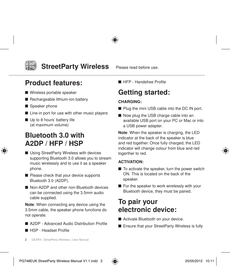 Streetparty wireless, Product features, Bluetooth 3.0 with a2dp / hfp / hsp | Getting started | GEAR4 StreetParty Wireless User Manual | Page 5 / 56
