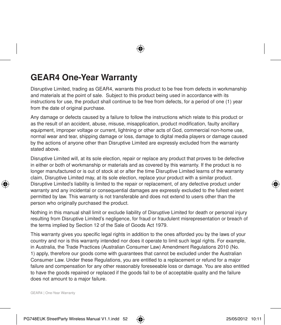 Gear4 one-year warranty | GEAR4 StreetParty Wireless User Manual | Page 55 / 56