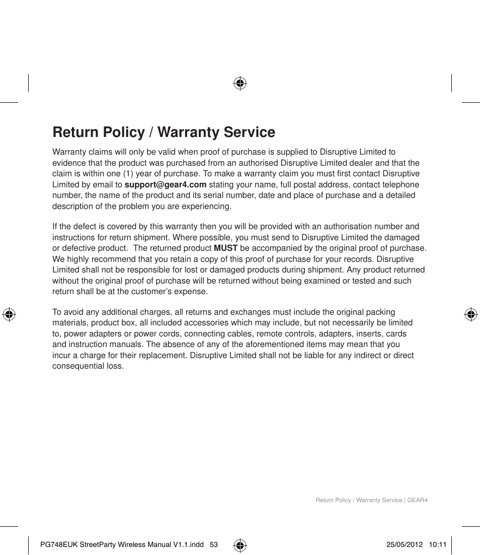 Return policy / warranty service | GEAR4 StreetParty Wireless User Manual | Page 56 / 56