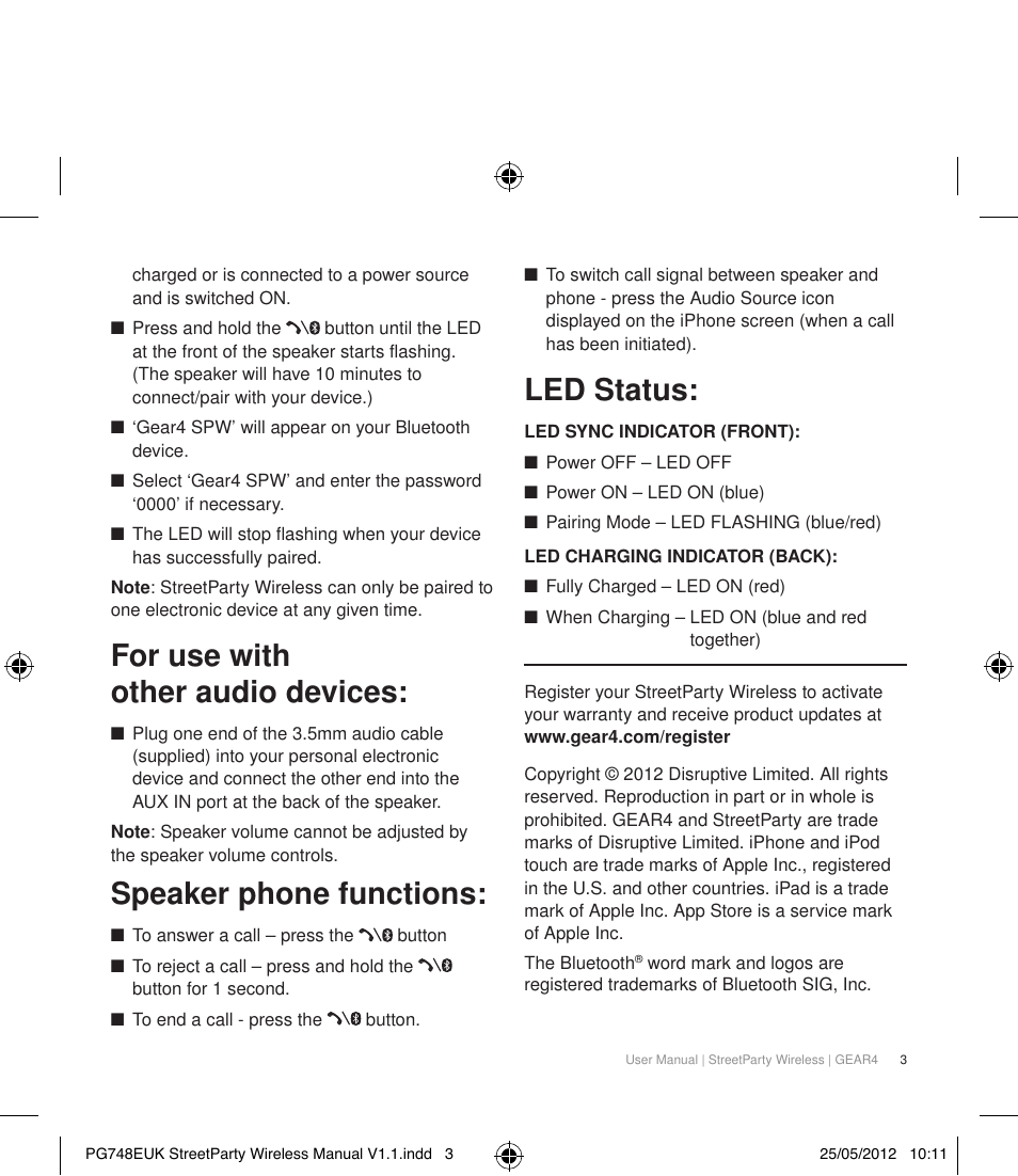 For use with other audio devices, Speaker phone functions, Led status | GEAR4 StreetParty Wireless User Manual | Page 6 / 56