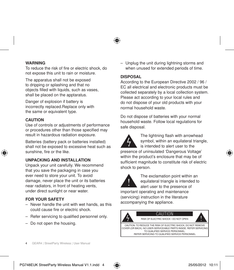 Caution | GEAR4 StreetParty Wireless User Manual | Page 7 / 56