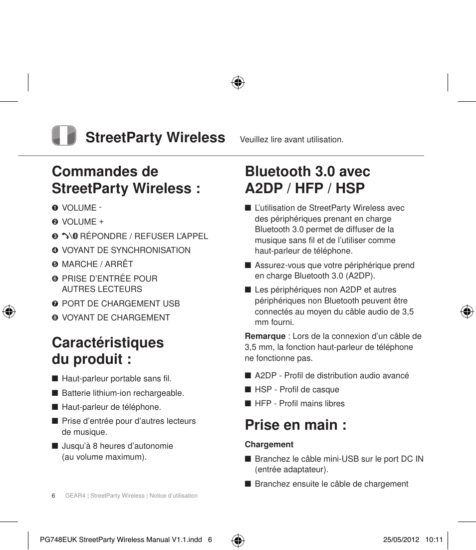 Streetparty wireless, Commandes de streetparty wireless, Caractéristiques du produit | Bluetooth 3.0 avec a2dp / hfp / hsp, Prise en main | GEAR4 StreetParty Wireless User Manual | Page 9 / 56