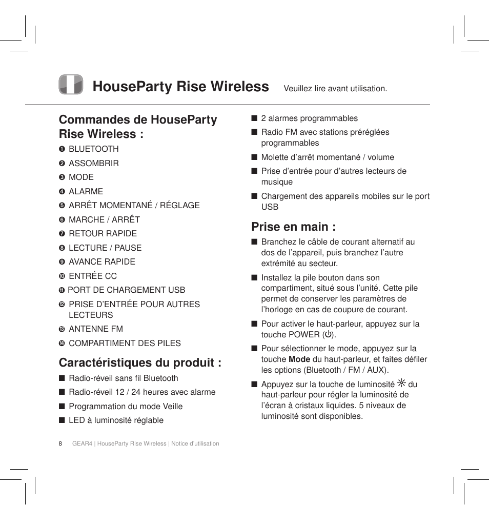 Houseparty rise wireless, Commandes de houseparty rise wireless, Caractéristiques du produit | Prise en main | GEAR4 HouseParty Rise Wireless User Manual | Page 10 / 71