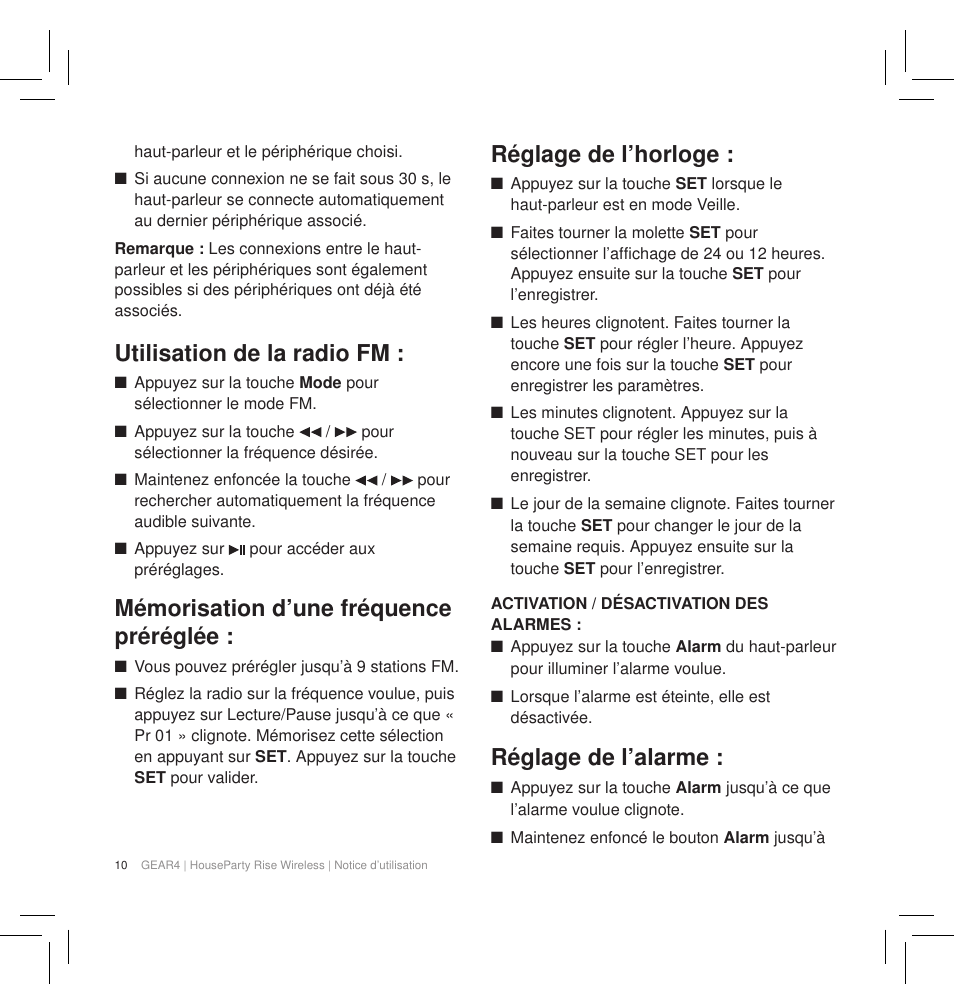 Utilisation de la radio fm, Mémorisation d’une fréquence préréglée, Réglage de l’horloge | Réglage de l’alarme | GEAR4 HouseParty Rise Wireless User Manual | Page 12 / 71