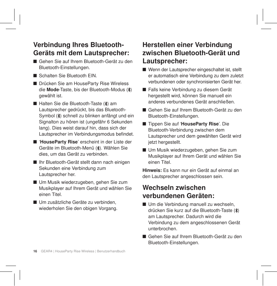 Wechseln zwischen verbundenen geräten | GEAR4 HouseParty Rise Wireless User Manual | Page 18 / 71