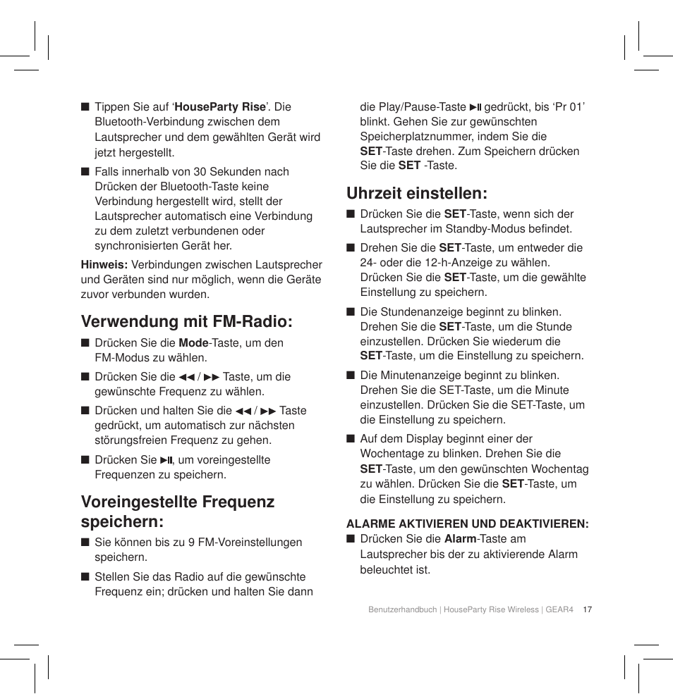 Verwendung mit fm-radio, Voreingestellte frequenz speichern, Uhrzeit einstellen | GEAR4 HouseParty Rise Wireless User Manual | Page 19 / 71