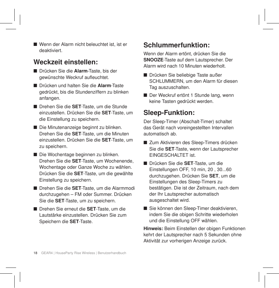 Weckzeit einstellen, Schlummerfunktion, Sleep-funktion | GEAR4 HouseParty Rise Wireless User Manual | Page 20 / 71