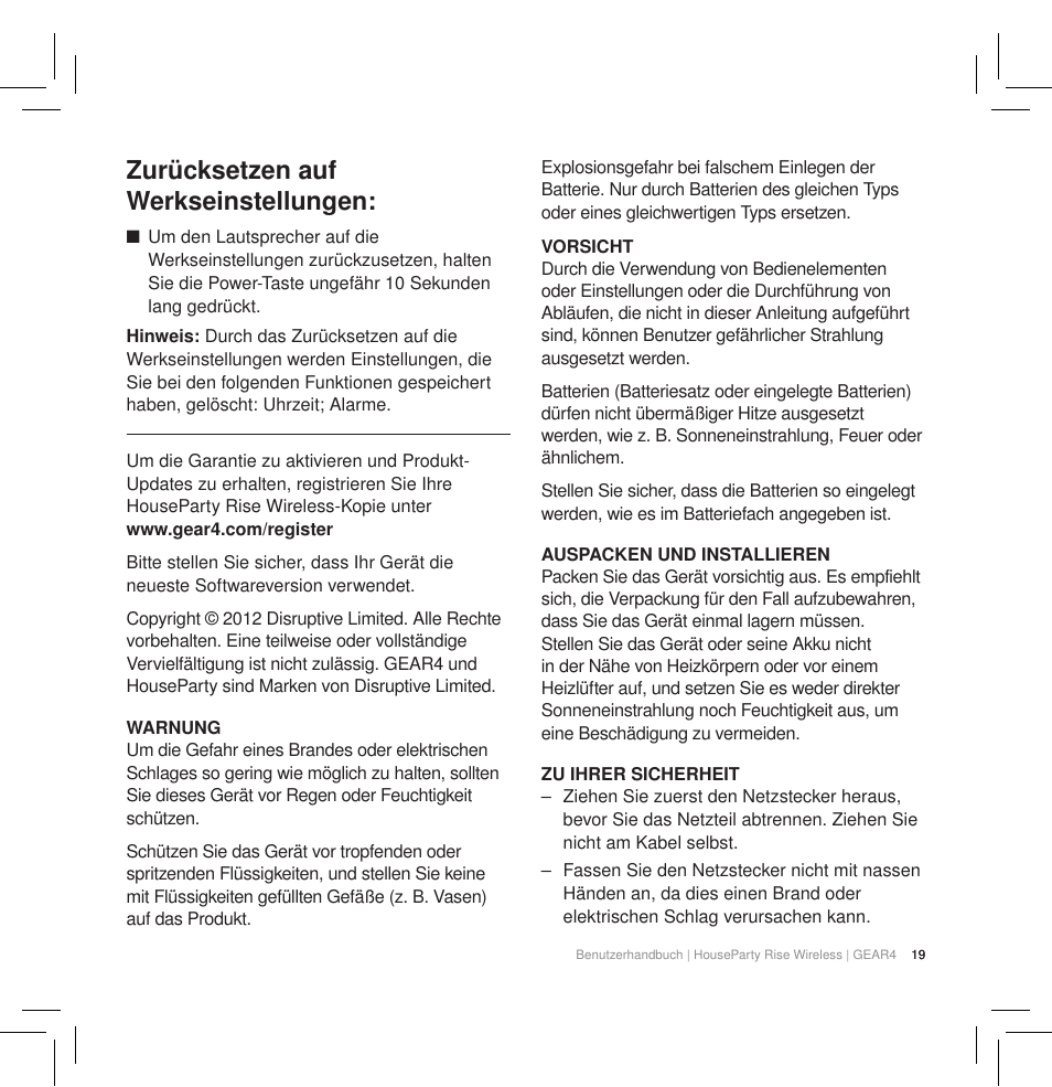 Zurücksetzen auf werkseinstellungen | GEAR4 HouseParty Rise Wireless User Manual | Page 21 / 71