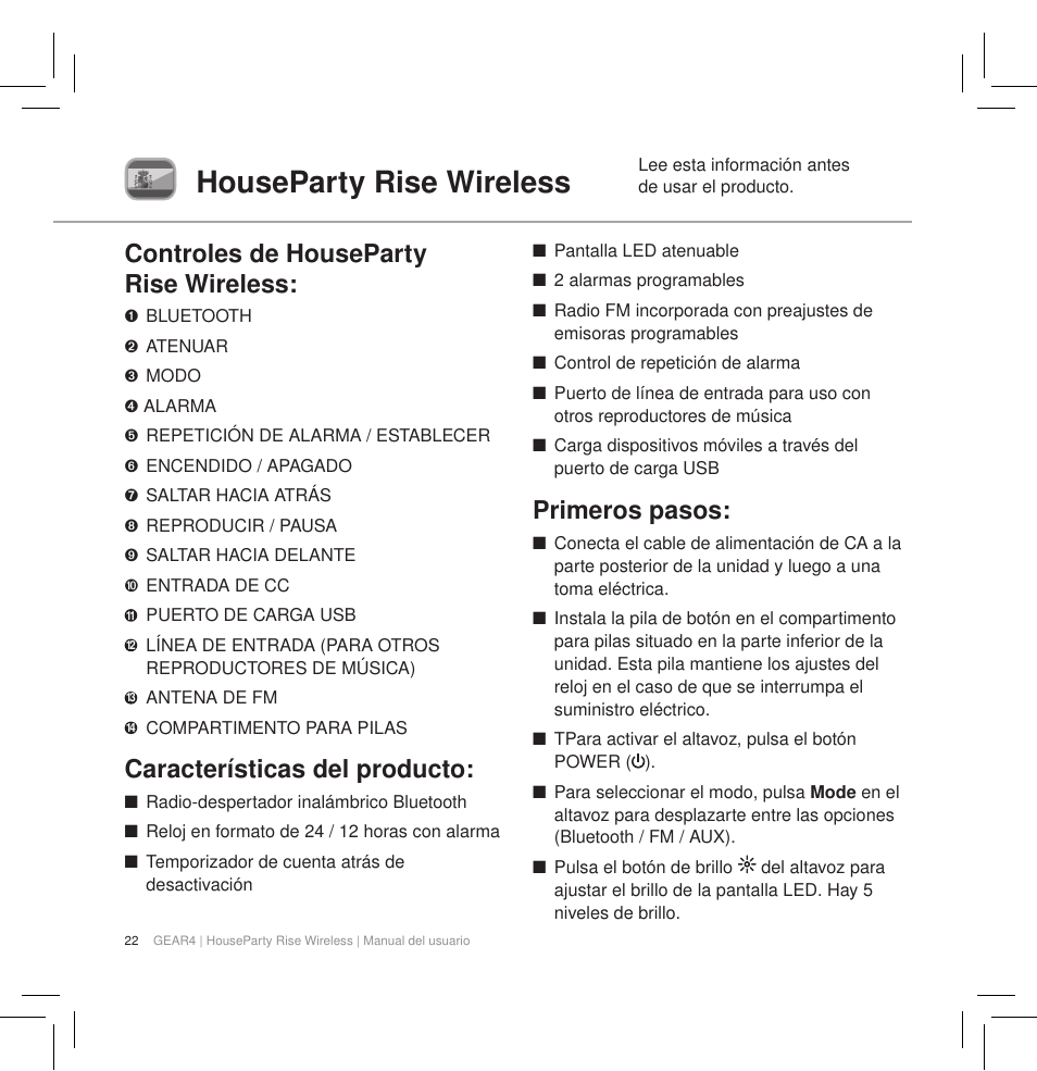 Houseparty rise wireless, Controles de houseparty rise wireless, Características del producto | Primeros pasos | GEAR4 HouseParty Rise Wireless User Manual | Page 24 / 71