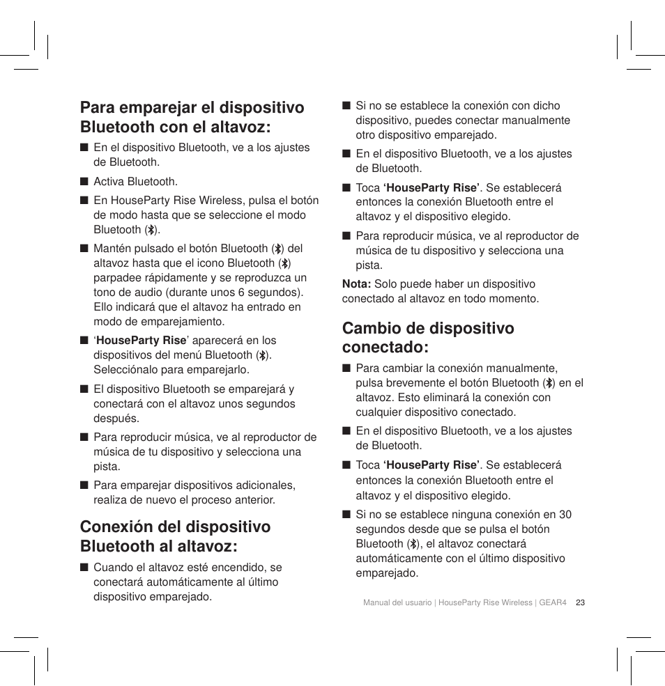 Conexión del dispositivo bluetooth al altavoz, Cambio de dispositivo conectado | GEAR4 HouseParty Rise Wireless User Manual | Page 25 / 71